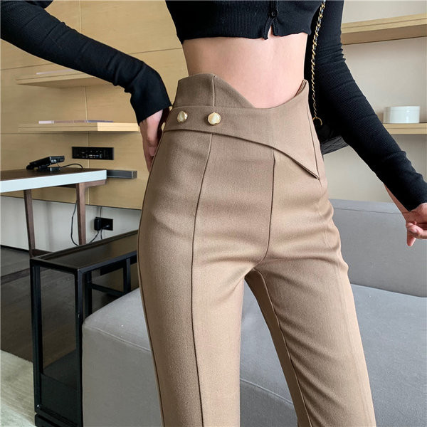 Pantaloni de dama bej cu talie inalta