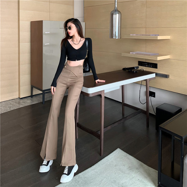 Pantaloni de dama bej cu talie inalta