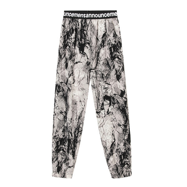 Moteriškos spalvingos vasarinės kelnės su užrašais ir aukštu juosmeniu