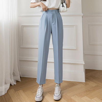 Дамски едноцветен панталон с висока талия - прав модел 