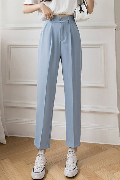 Pantaloni de dama monocolor cu talie inalta - model drept