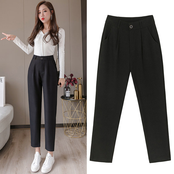 Sieviešu bikses ar augstu vidukli - taisns modelis melnā krāsā