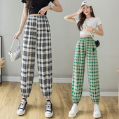 Rūtainas sieviešu bikses ar elastīgu jostasvietu trīs krāsās