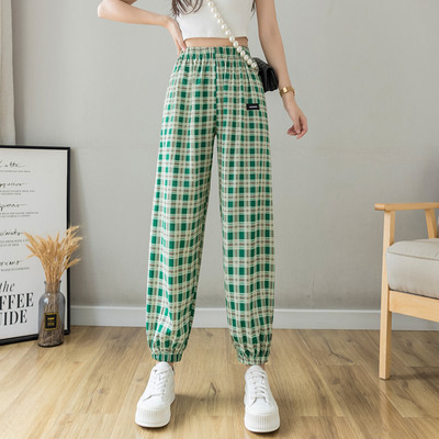 Rūtainas sieviešu bikses ar elastīgu jostasvietu trīs krāsās