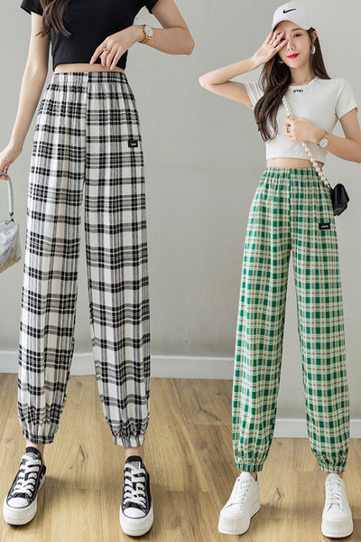 Rūtainas sieviešu bikses ar elastīgu jostasvietu trīs krāsās