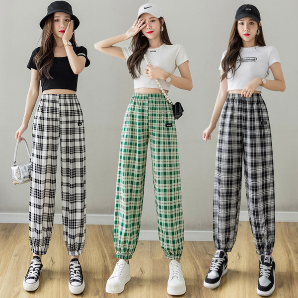 Rūtainas sieviešu bikses ar elastīgu jostasvietu trīs krāsās