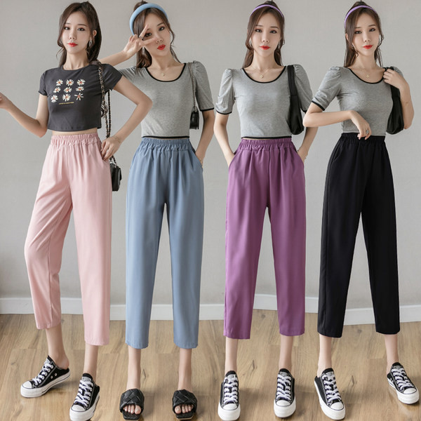 Sieviešu bikses ar kabatām un augstu vidukli - 9/10 garums