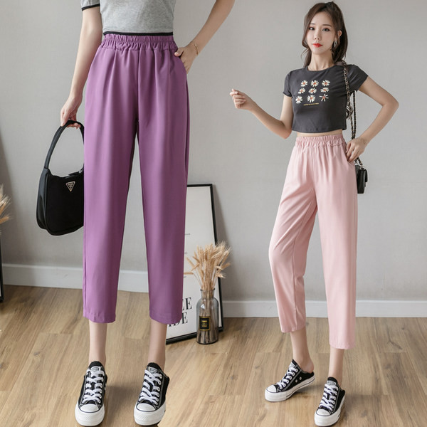 Sieviešu bikses ar kabatām un augstu vidukli - 9/10 garums