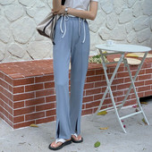 Pantaloni de dama cu talie elastica inalta si crapata