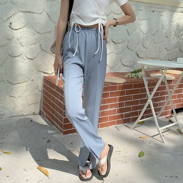 Pantaloni de dama cu talie elastica inalta si crapata