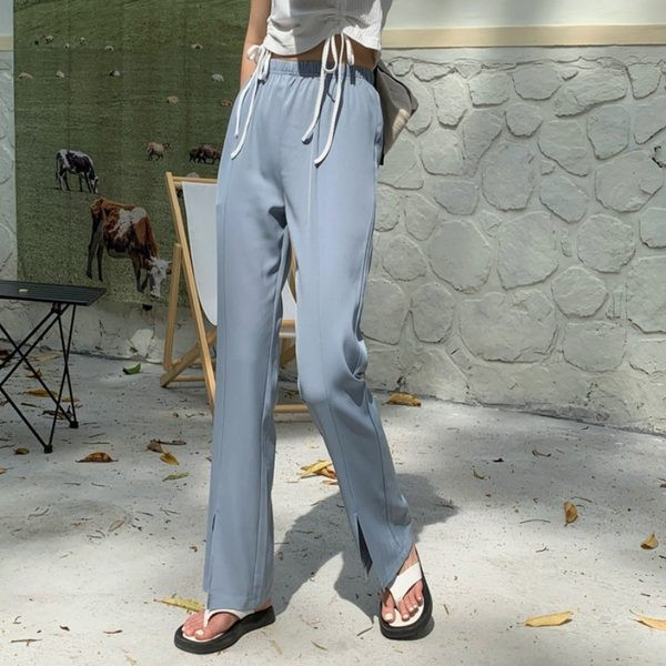 Pantaloni de dama cu talie elastica inalta si crapata