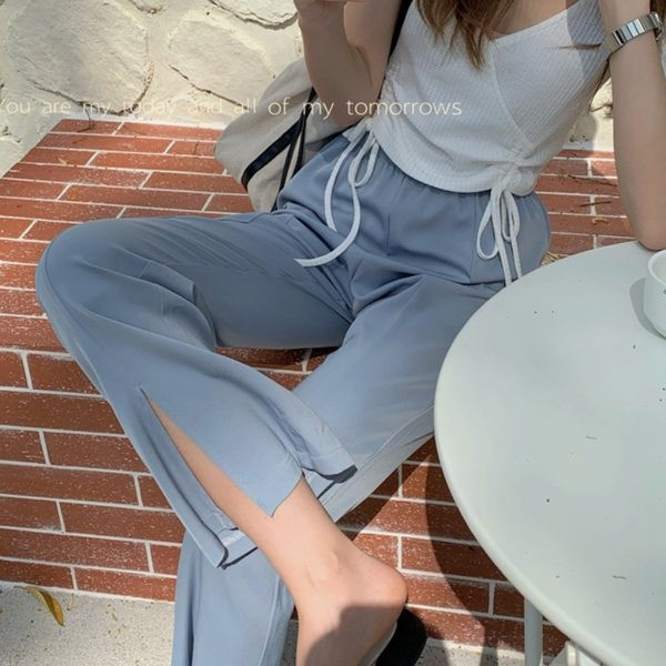 Pantaloni de dama cu talie elastica inalta si crapata