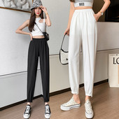 Sieviešu vienkrāsainas bikses ar elastīgu jostasvietu un kabatām