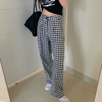 Γυναικείο καρό μακρύ παντελόνι με ψηλή μέση και κουμπί