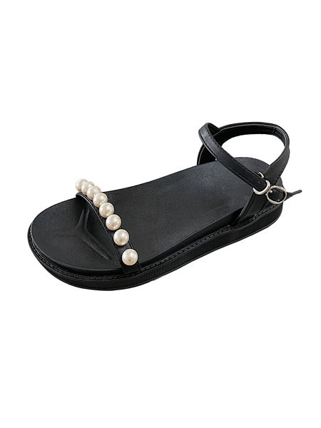 Sieviešu ikdienas sandales ar plakanām zolēm un dekoratīvām pērlēm