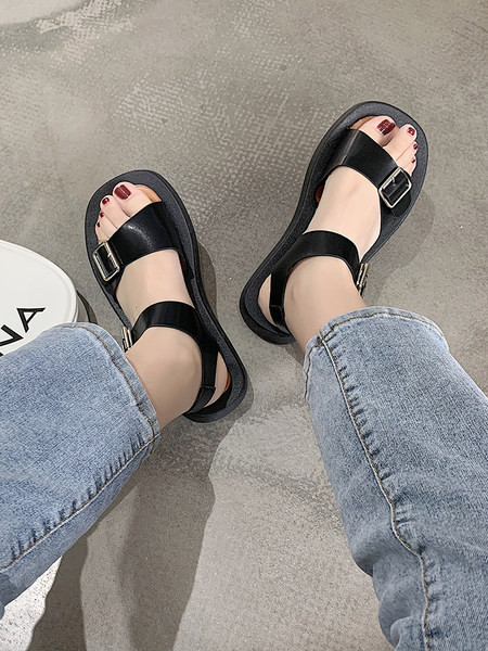 Sieviešu ikdienas sandales ar sprādzi un plakanu zoli