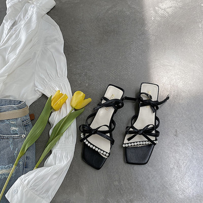 Sandale de dama elegante cu sireturi si perle decorative