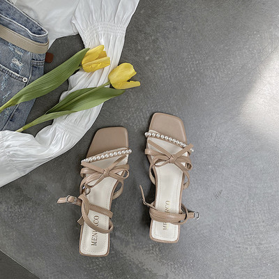 Sandale de dama elegante cu sireturi si perle decorative