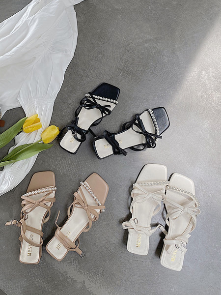 Sandale de dama elegante cu sireturi si perle decorative