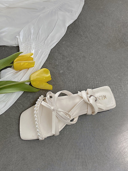 Sandale de dama elegante cu sireturi si perle decorative