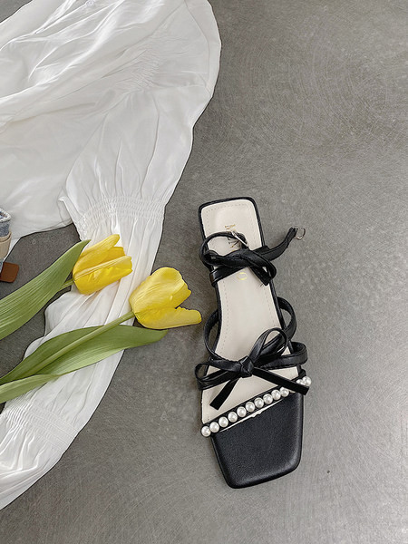 Sandale de dama elegante cu sireturi si perle decorative