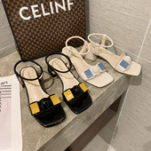 Sandale de dama cu toc gros in negru si bej