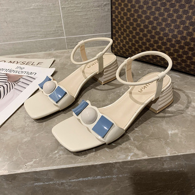 Sandale de dama cu toc gros in negru si bej