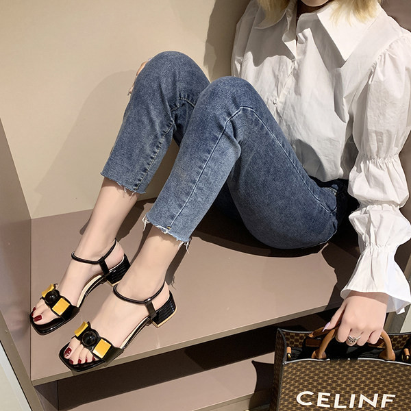 Sandale de dama cu toc gros in negru si bej