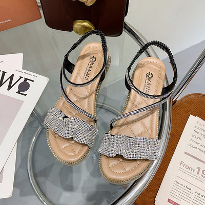 Γυναικεία σανδάλια με πέτρες σε δύο χρώματα και επίπεδη σόλα