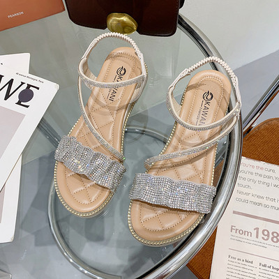 Γυναικεία σανδάλια με πέτρες σε δύο χρώματα και επίπεδη σόλα