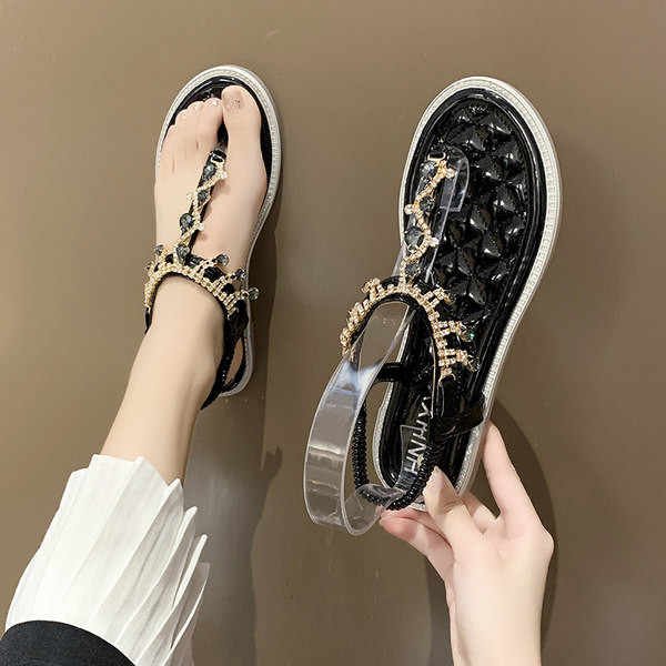 Sandale casual dama cu talpa plate si pietre decorative