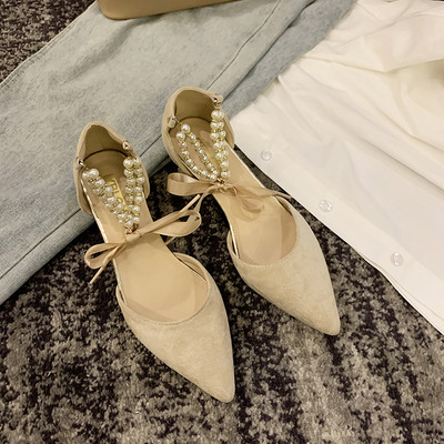 Sandale de dama elegante cu perle decorative si panglica