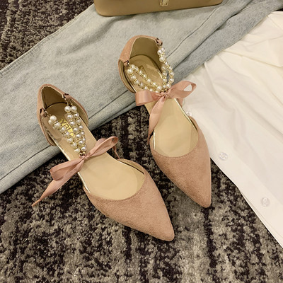 Sandale de dama elegante cu perle decorative si panglica