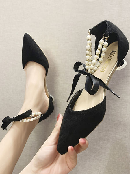 Sandale de dama elegante cu perle decorative si panglica