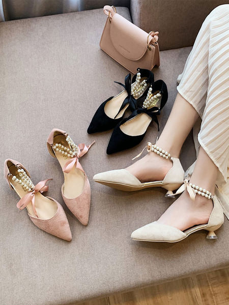 Sandale de dama elegante cu perle decorative si panglica