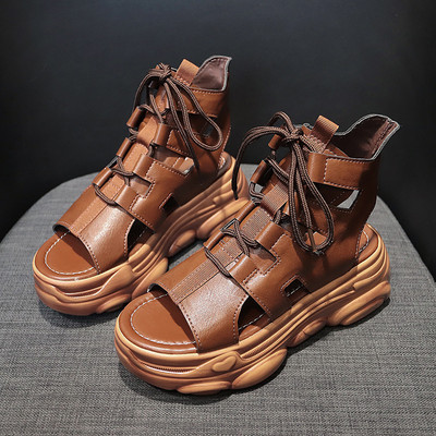 Sandale de dama moderne cu sireturi in maro si negru