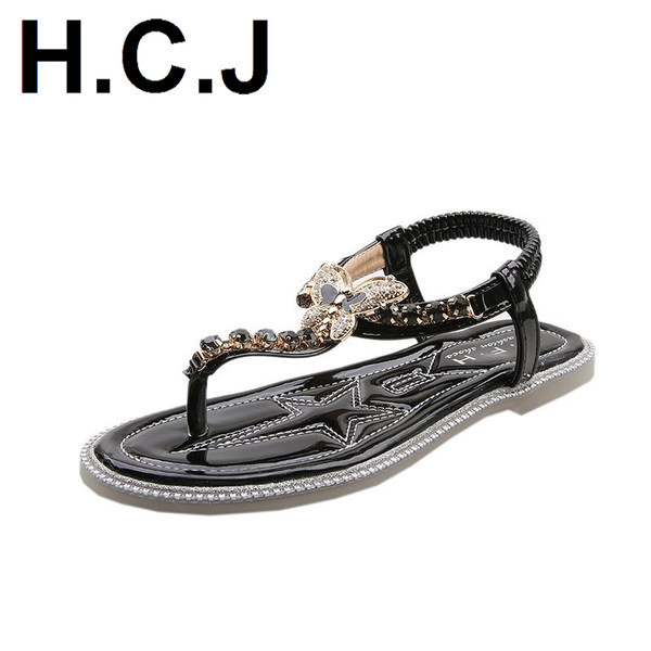 Γυναικεία σανδάλια με διακοσμητικές πέτρες και επίπεδη σόλα - δύο χρώματα