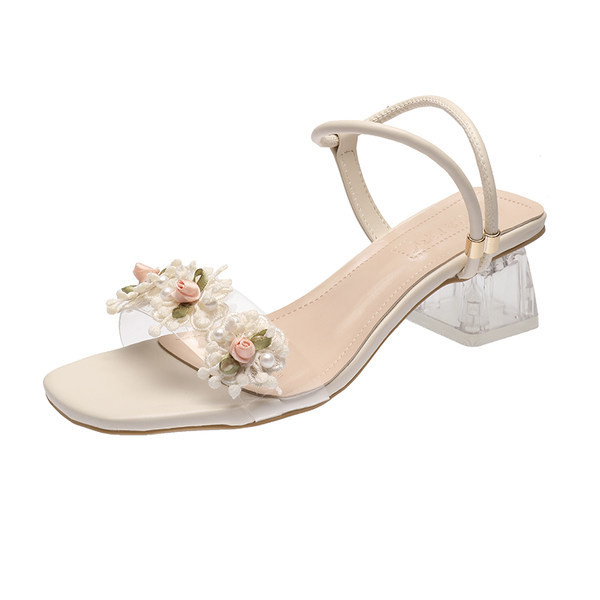 Sandale de dama moderne cu toc cu flori decorative