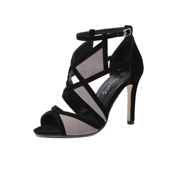 Model nou de sandale dama cu toc inalt 9,5 cm in negru si gri