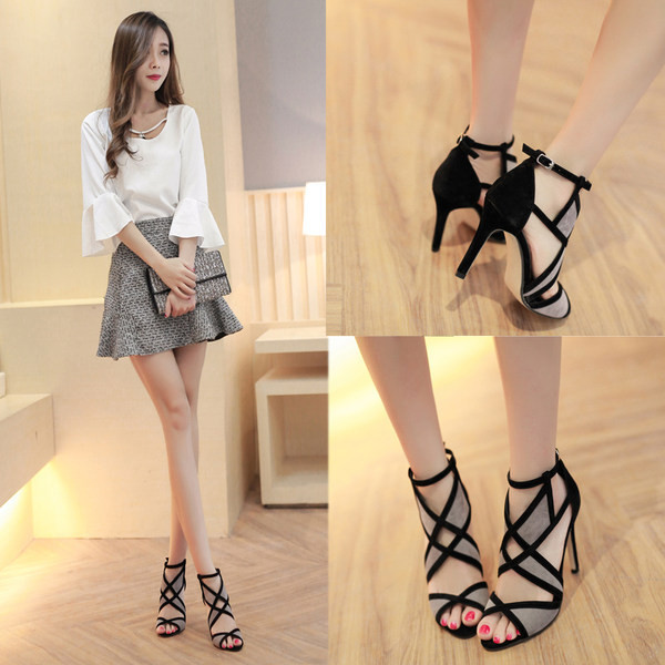 Model nou de sandale dama cu toc inalt 9,5 cm in negru si gri