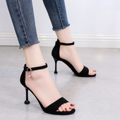 Model nou de sandale dama din piele intoarsa ecologica cu catarama si toc inalt de 8,5 cm