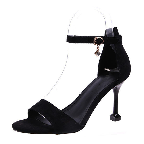 Model nou de sandale dama din piele intoarsa ecologica cu catarama si toc inalt de 8,5 cm