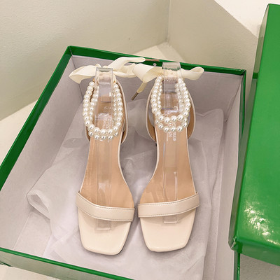 Sandale de damă elegante cu toc, cu perle și șireturi