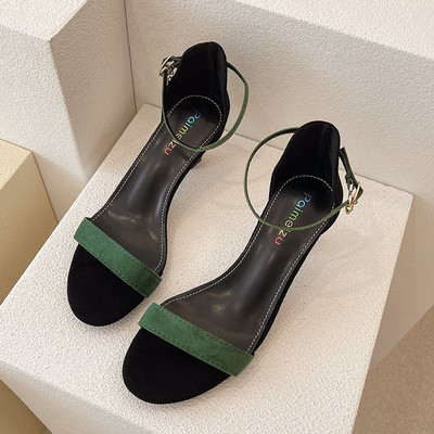 Sandale de dama elegante cu toc din piele intoarsa ecologica