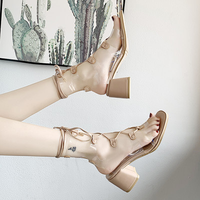 Модерни дамски сандали на ток с дълги връзки