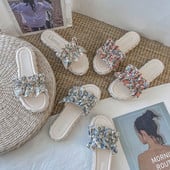 Papuci de dama cu talpa plate si model colorat in trei culori