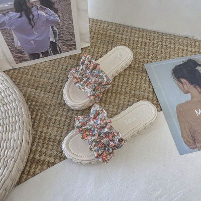 Papuci de dama cu talpa plate si model colorat in trei culori