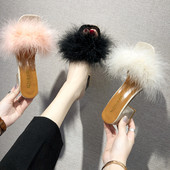 Papuci de damă eleganti, cu toc înalt, cu puf