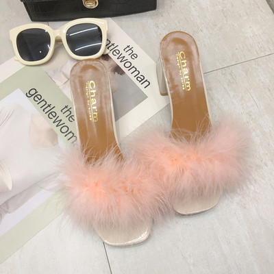 Papuci de damă eleganti, cu toc înalt, cu puf