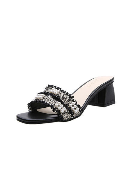 Μοντέρνες γυναικείες παντόφλες με τακούνι και διακοσμητικά μαργαριτάρια